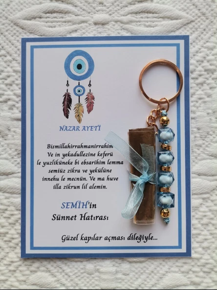 100 Adet Kişiye Özel Nazar Ayeti Sünnet Hatırası Dağıtmalık Hediyelik Mavi Renk Anahtarlık ve Kına - 1