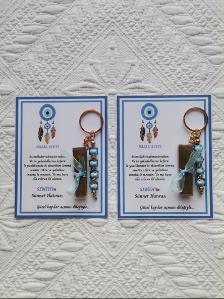 32 Adet Kişiye Özel Nazar Ayeti Sünnet Hatırası Dağıtmalık Hediyelik Mavi Renk Anahtarlık ve Kına - Resim 2