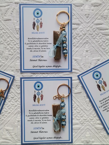 100 Adet Kişiye Özel Nazar Ayeti Sünnet Hatırası Dağıtmalık Hediyelik Mavi Renk Anahtarlık ve Kına - 6