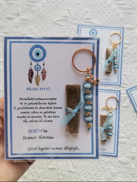 64 Adet Kişiye Özel Nazar Ayeti Sünnet Hatırası Dağıtmalık Hediyelik Mavi Renk Anahtarlık ve Kına - 7