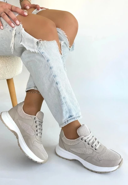 BİÇOMİ Slar Bej Cilt Bağcıklı Spor Ayakkabı - Resim 3