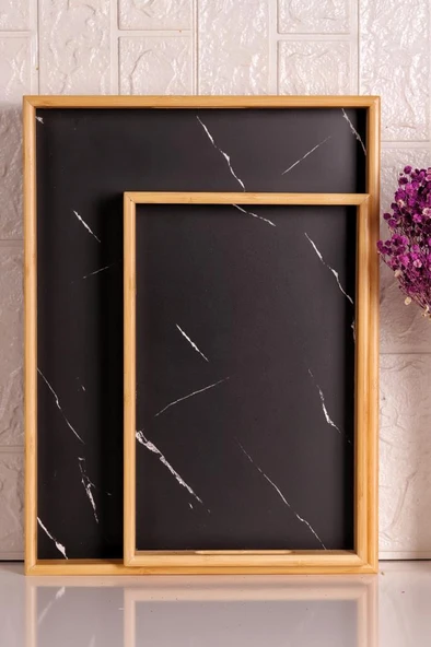 Bambum Marbella - 2`li Mermer Desenli Tepsi Siyah Büyük Küçük ürün görseli