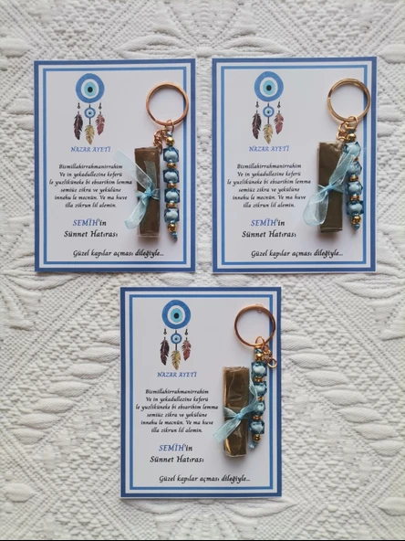 32 Adet Kişiye Özel Nazar Ayeti Sünnet Hatırası Dağıtmalık Hediyelik Mavi Renk Anahtarlık ve Kına - Resim 3