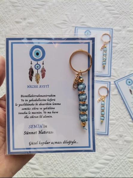 100 Adet Kişiye Özel Nazar Ayeti Sünnet Hatırası Dağıtmalık Hediyelik Mavi Renk Anahtarlık - Resim 6