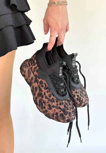 BİÇOMİ Rimay Kahverengi Cilt Boncuk İşlemeli Spor Ayakkabı - Resim 3