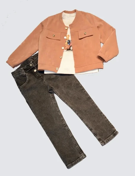 4-5-6 Yaş Kot Pantolonlu Nubukceketli Uzun Kollu Penye Sweat 3lü Erkek Çocuk Takımı Kiremit - Resim 2