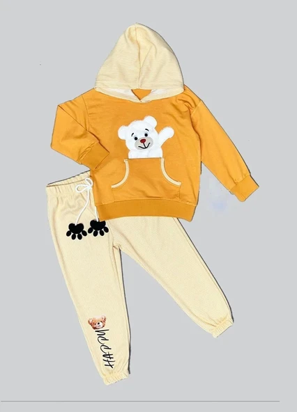 2-3-4 Yaş Pelüş Ayı Desenli Kapşonlu Uzun Kollu Penye Sweat 2li Erkek Çocuk Takımı Turuncu ürün görseli