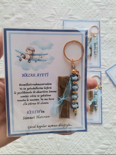 32 Adet Kişiye Özel Nazar Ayeti Sünnet Hatırası Dağıtmalık Hediyelik Mavi Renk Anahtarlık ve Kına - Resim 6