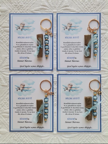 32 Adet Kişiye Özel Nazar Ayeti Sünnet Hatırası Dağıtmalık Hediyelik Mavi Renk Anahtarlık ve Kına - Resim 4