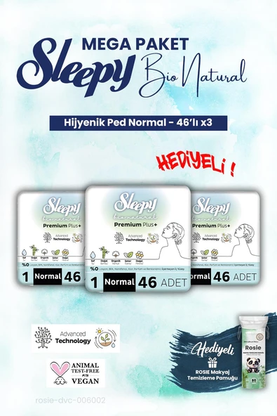 Sleepy 3'lü Bio Natural Hijyenik Ped Mega Paket Normal 46'lı ve ROSIE makyaj pamuk ürün görseli