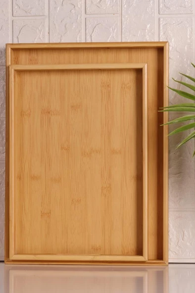 Bambum Marbella - 2`li Bambu Desenli Tepsi Büyük Orta ürün görseli