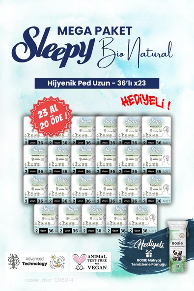 Sleepy Bio Hijyenik ped 23 AL 20 ÖDE 36'lı Uzun Mega Paket ve ROSIE makyaj pamuğu ürün görseli