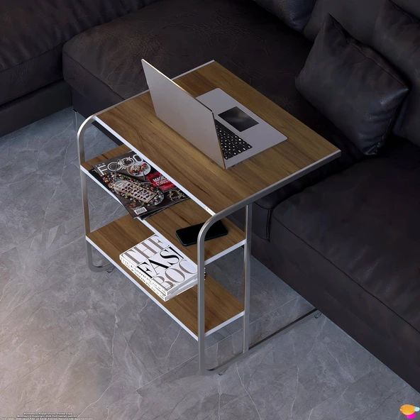 Modilayn C Yan Sehpa Geniş Boy Tekerlekli Çalışma, Atıştırmalık, Yemek, Laptop Sehpası Ceviz - 4