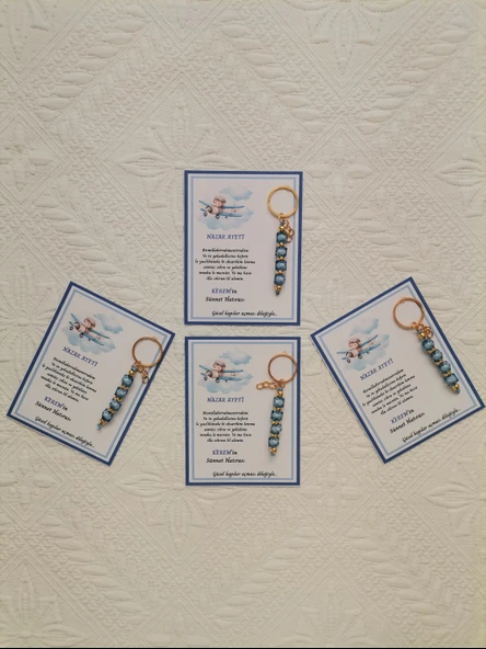 32 Adet Kişiye Özel Nazar Ayeti Sünnet Hatırası Dağıtmalık Hediyelik Mavi Renk Anahtarlık - Resim 5