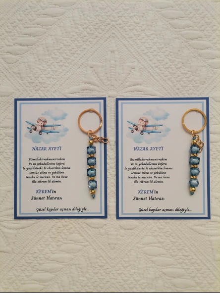 32 Adet Kişiye Özel Nazar Ayeti Sünnet Hatırası Dağıtmalık Hediyelik Mavi Renk Anahtarlık - Resim 2