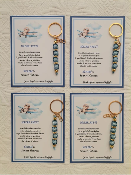 100 Adet Kişiye Özel Nazar Ayeti Sünnet Hatırası Dağıtmalık Hediyelik Mavi Renk Anahtarlık - Resim 5