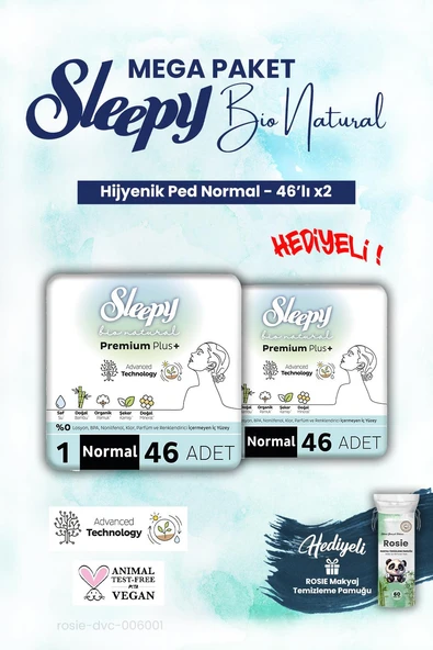 Sleepy 2 adet Bio Natural Hijyenik Ped Mega Paket Normal 46'lı ve ROSIE makyaj pamuk ürün görseli