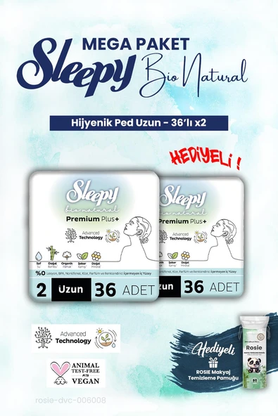 Sleepy 2 adet Mega Paket Uzun 36'lı Bio Natural Hijyenik Ped ve ROSIE makyaj pamuk ürün görseli