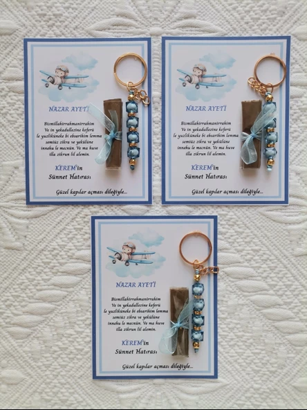 64 Adet Kişiye Özel Nazar Ayeti Sünnet Hatırası Dağıtmalık Hediyelik Mavi Renk Anahtarlık ve Kına - Resim 3