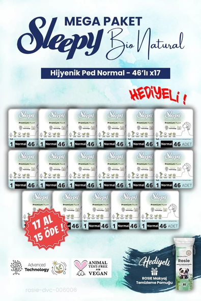 Sleepy Bio Hijyenik ped 46'lı Normal 17 AL 15 ÖDE Mega Paket ve ROSIE makyaj pamuğu ürün görseli
