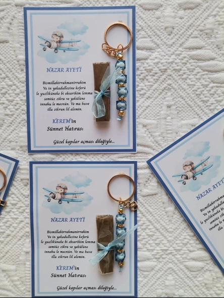 64 Adet Kişiye Özel Nazar Ayeti Sünnet Hatırası Dağıtmalık Hediyelik Mavi Renk Anahtarlık ve Kına - Resim 7