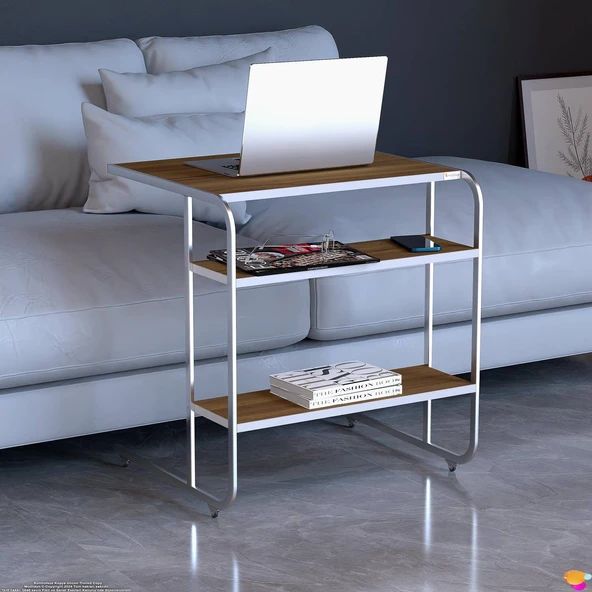 Modilayn C Yan Sehpa Geniş Boy Tekerlekli Çalışma, Atıştırmalık, Yemek, Laptop Sehpası Ceviz - 7