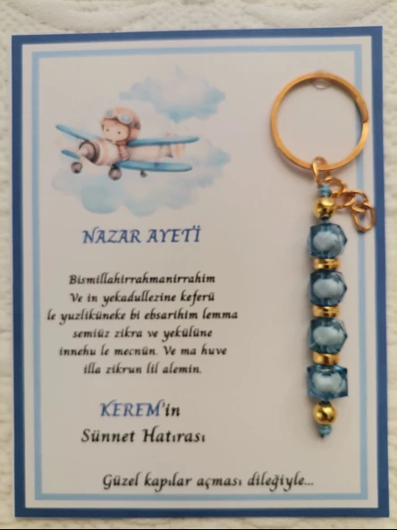 64 Adet Kişiye Özel Nazar Ayeti Sünnet Hatırası Dağıtmalık Hediyelik Mavi Renk Anahtarlık ürün görseli