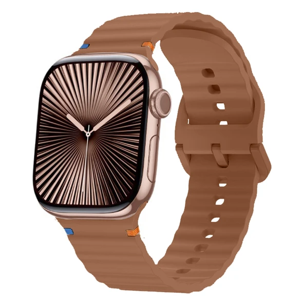 Apple Watch 42mm 44mm 45mm S10 46mm Ultra 49mm Uyumlu Dalga Desenli Tokalı Yumusaş Silikon Kordon  Kahverengi ürün görseli