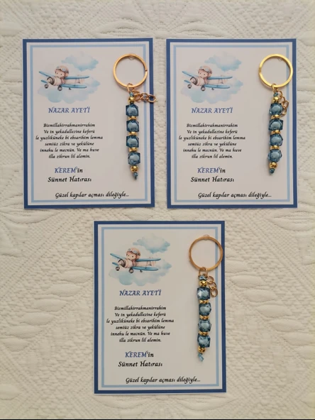32 Adet Kişiye Özel Nazar Ayeti Sünnet Hatırası Dağıtmalık Hediyelik Mavi Renk Anahtarlık - Resim 3