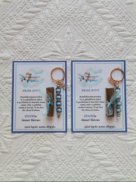 64 Adet Kişiye Özel Nazar Ayeti Sünnet Hatırası Dağıtmalık Hediyelik Mavi Renk Anahtarlık ve Kına - Resim 2