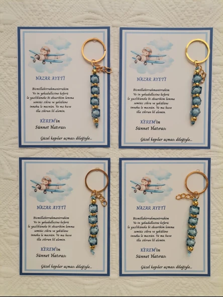 64 Adet Kişiye Özel Nazar Ayeti Sünnet Hatırası Dağıtmalık Hediyelik Mavi Renk Anahtarlık - Resim 4