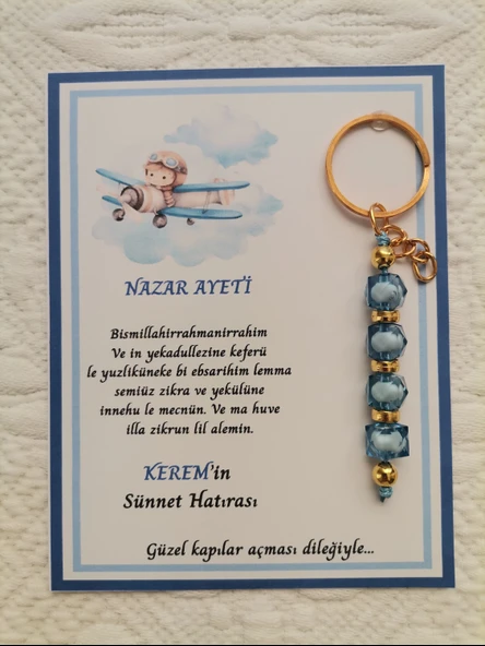 100 Adet Kişiye Özel Nazar Ayeti Sünnet Hatırası Dağıtmalık Hediyelik Mavi Renk Anahtarlık ürün görseli