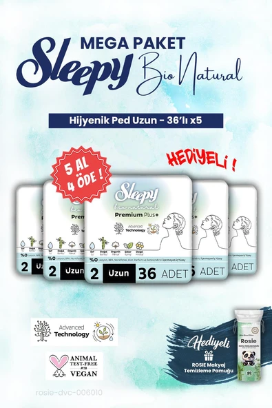 Sleepy Hijyenik ped 36'lı Uzun Mega Paket Bio 5 AL 4 ÖDE ve ROSIE makyaj pamuğu ürün görseli