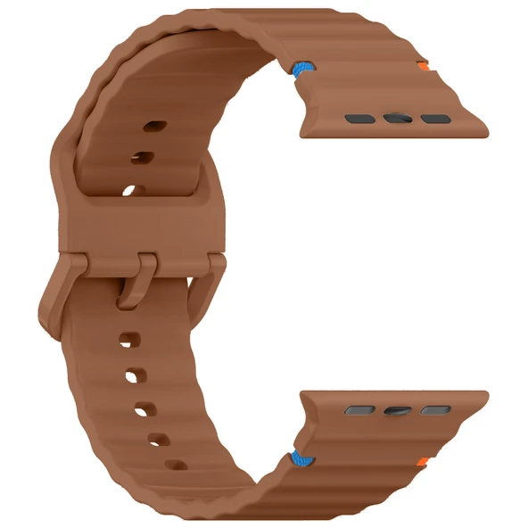Apple Watch 42mm 44mm 45mm S10 46mm Ultra 49mm Uyumlu Dalga Desenli Tokalı Yumusaş Silikon Kordon  Kahverengi - Resim 3