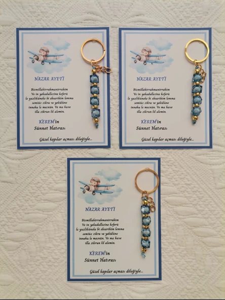 64 Adet Kişiye Özel Nazar Ayeti Sünnet Hatırası Dağıtmalık Hediyelik Mavi Renk Anahtarlık - Resim 3