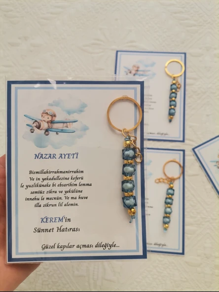 100 Adet Kişiye Özel Nazar Ayeti Sünnet Hatırası Dağıtmalık Hediyelik Mavi Renk Anahtarlık - Resim 7