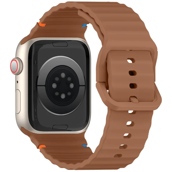 Apple Watch 42mm 44mm 45mm S10 46mm Ultra 49mm Uyumlu Dalga Desenli Tokalı Yumusaş Silikon Kordon  Kahverengi - Resim 2