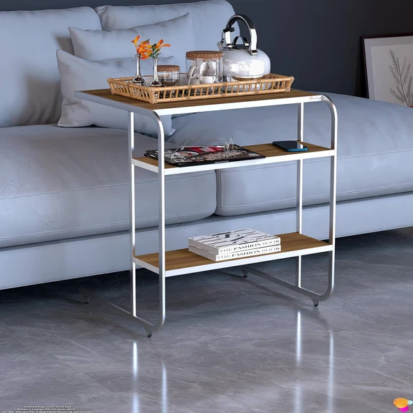 Modilayn C Yan Sehpa Geniş Boy Tekerlekli Çalışma, Atıştırmalık, Yemek, Laptop Sehpası Ceviz - 5