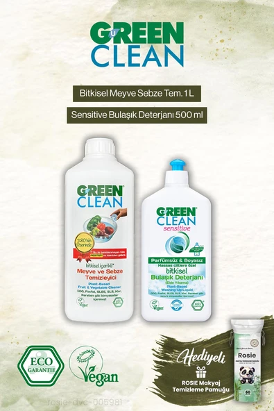 Green Clean Sensitive 500ml Bulaşık Jel Det. ve Meyze Sebze Tem. 1000 ml, Rosie Hediye ürün görseli