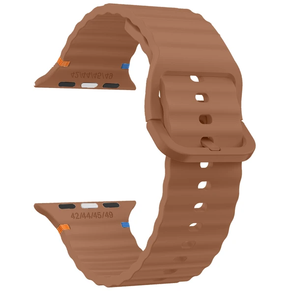 Apple Watch 42mm 44mm 45mm S10 46mm Ultra 49mm Uyumlu Dalga Desenli Tokalı Yumusaş Silikon Kordon  Kahverengi - Resim 4