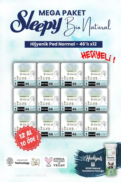 Sleepy 12 AL 10 ÖDE Mega Paket Bio Hijyenik ped 46'lı Normal ve ROSIE makyaj pamuğu ürün görseli
