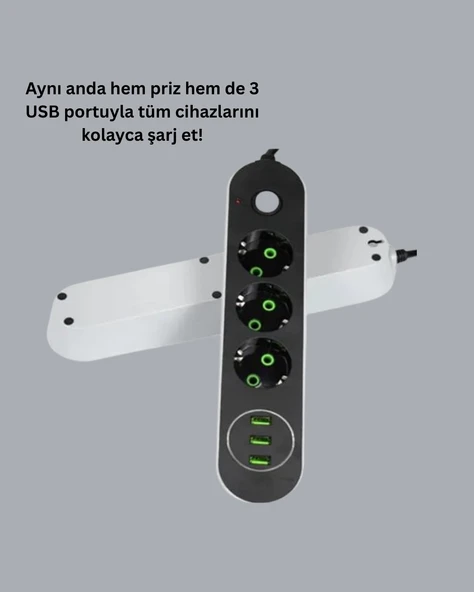 2 Metre Kablolu 3 USB Portlu Anahtarlı Üçlü Priz - Resim 2