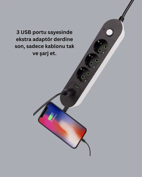 USB Yuvalı Anahtarlı Üçlü Priz 2 Metre Kablolu - 5
