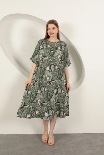 Viskon Şal Desenli Elbise-Haki ürün görseli