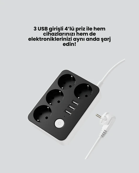 7 Cihazı Aynı Anda Destekleyen 3 USB Portlu 4’lü Priz - 2
