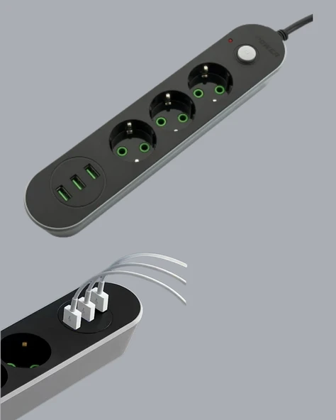 USB Yuvalı Anahtarlı Üçlü Priz 2 Metre Kablolu - 4