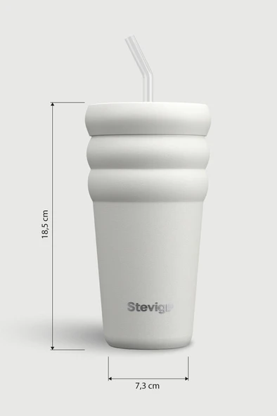 Stevig 3 Bubble Two-Cap Straw Tumbler Çelik Termos 600 ML White Stone ST-249 - Resim 8