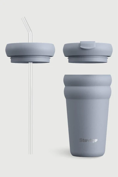 Stevig 3 Bubble Two-Cap Straw Tumbler Çelik Termos 600 ML Zen Blue ST-246 - Resim 4