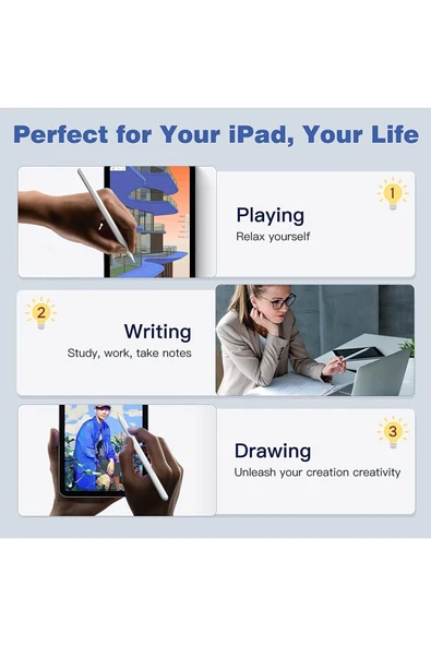 bravesons İpad Için Uyumlu Avuç içi Reddetmeli Dokunmatik Kalem Capacitive Active Stylus(3 Adet YEDEK UÇ) - Resim 3