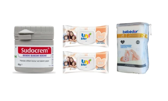 Bebek Bakım Seti | Sudocrem 60g + Uni Baby Islak Mendil 2x90’lı + Bebedor Temizleme Pamuğu 60’lı